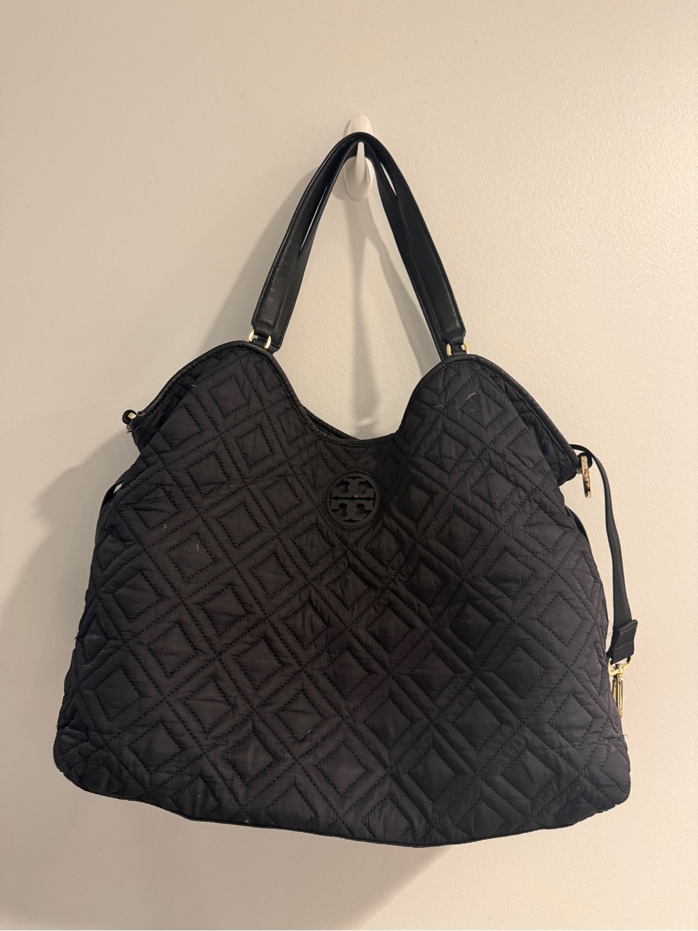 Tory Burch Black Quilted Tote with Logo Medallion